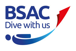 BSAC logo and link to the BSAC website. The picture is of a stylised diver in blue with red fins